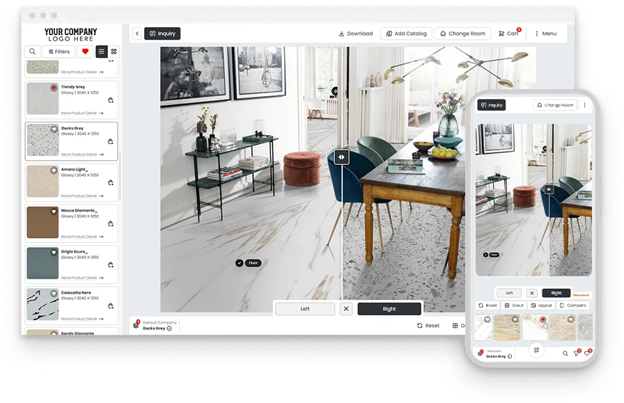 Visualizador Tilesview que muestra una habitación antes y después en computadoras de escritorio y dispositivos móviles